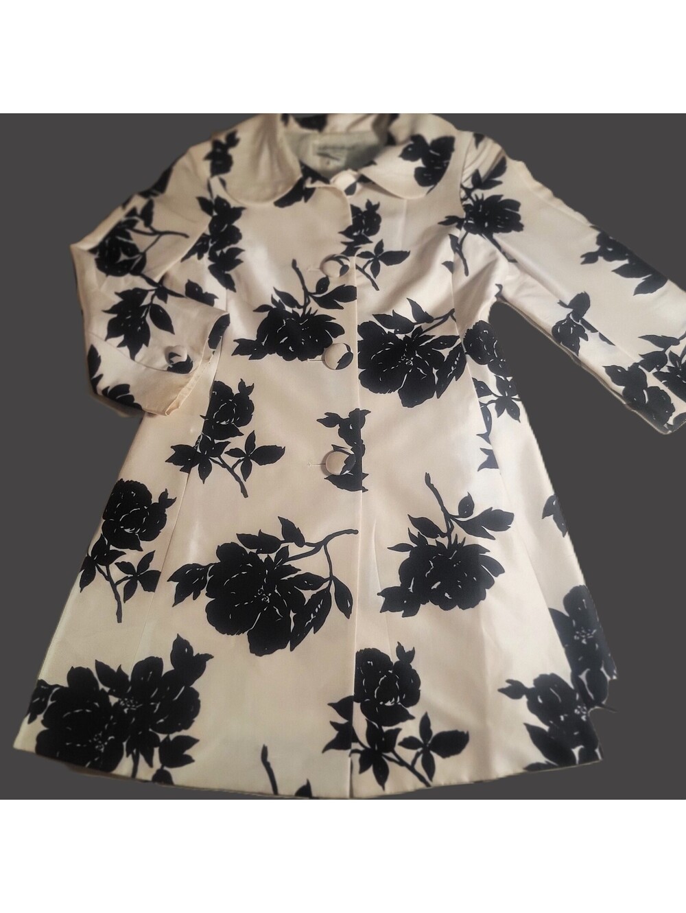 Vintage Banana Republic Cream/Black Lined Floral 100% Silk Coat - Size S